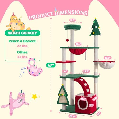 SHA CERLIN 67in Tall Cat Tree/Climbing Tower with Top Perch, Hammock, Sisal Scratching Posts/Cute Condo for Indoor Kitties/Pet Feline House/Activity Center/Christmas Decor/Green & Red - Image 6