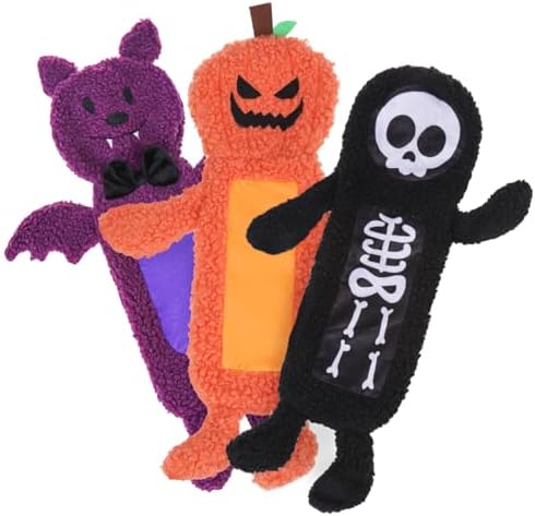 SCENEREAL Stuffless Halloween Dog Squeaky Toys for Small Medium Dogs, Crinkle Puppy Chew Toy, 3 Pack Cute Animals Shape Soft Pet Plush Teething Toys(Skeleton & Pumpkin & Bat) by SCENEREAL