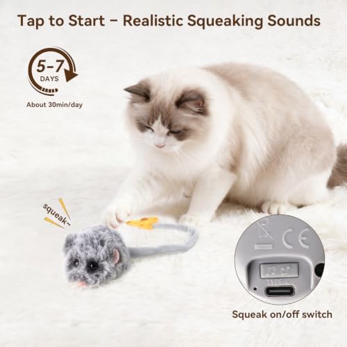 Migipaws Interactive MigiMouse Cat Toy 360° Rolling & Spin with Wiggling Tail for Indoor Cats Smart Motion Sensor, Realistic Squeak, Rechargeable Plush Kitten Toy(Grey Long) - Image 3