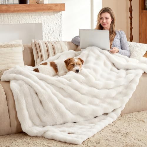 COZY KISS Faux Fur Throw Blanket, Dog Blanket for Couch, 40"x60", Cream - Image 3