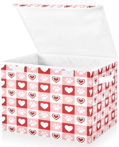 Bolaz Red Checkboard Dog Footprint Hearts Pattern Storage Bins with Lids and Handles, Foldable Storage Box Storage Basket with Cover Collapsible Organizer Containers for Home Closet, Shelves by Unknown