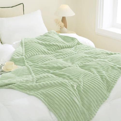 Cream Green Fleece Throw Blanket 60”×80” for Couch Sofa Livingroom - Image 3