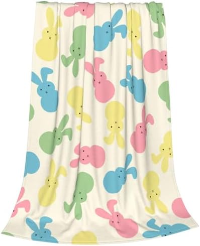 Colorful Easter Rabbit Throw Blanket, Pink Blue Green Yellow Bunny Blanket, Warm Soft Small Spring Lightweight Flannel Blankets for Couch Sofa Bed Living Room 40"x30" by Qilerongrong