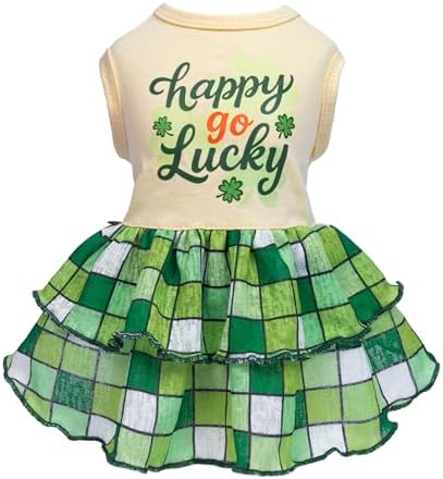 Fitwarm Happy Go Lucky Dog Dress, St Patricks Day Dog Clothes for Small Dogs Girl, Funny Pet Outfit, Green, Light Yellow, Medium by Fitwarm