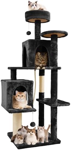 58.5inch Large Cat Tree Tower Condo for Indoor Cats, Soft Plush Multi-Level Climbing Tree Cat House, Scratching Post, More Entrance/Exit, Sisal Rope, Black by TSCOMON