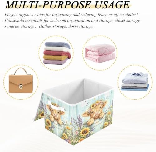 Bolaz Sunflower Heights Cattle Storage Bins with Lids and Handles, Storage Box Basket with Cover Collapsible Organizer Containers for Home Closet, Shelves - Image 7