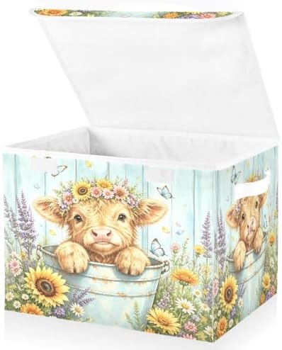 Bolaz Sunflower Heights Cattle Storage Bins with Lids and Handles, Storage Box Basket with Cover Collapsible Organizer Containers for Home Closet, Shelves by Unknown