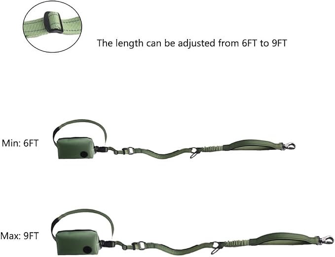 Hands Free Dog Leash for Large Medium Dogs Heavy Duty Bungee Reflective Adjustable Waist Leashes for Walking Running with Zipper Pouch 6-9FT (Green-1 with 6-9FT)