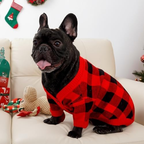 Dog Christmas Sweater Red Plaid Cardigans Dog Christmas Outfit Soft Warm Knitted Pet Clothes Cold Weather Puppy Clothes for Small Medium Large Dogs Cats - Image 2