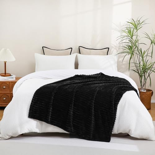 Black Fleece Throw Blanket 90”×90” for Couch Sofa Livingroom by linecooo