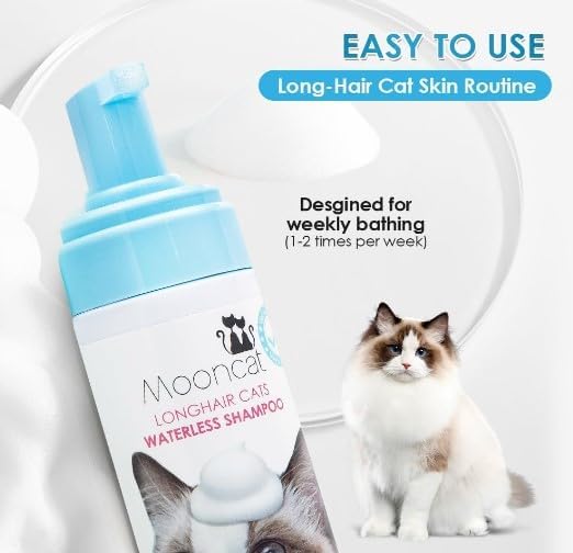 Mooncat Long Hair Cat Shampoo & Grooming Brush Set — Waterless, No Rinse | No bathtub needed, Mousse loosens dirt, Brush removes fur & dander, Detangles mats, Fresh scent, Kitten safe 8+ weeks