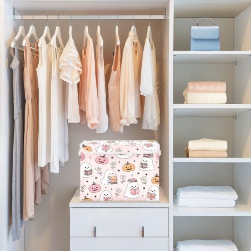 Bolaz Halloween Ghost Pumpkin Pink Storage Bins with Lids and Handles, Storage Box Basket with Cover Collapsible Organizer Containers for Home Closet, Shelves - Image 6