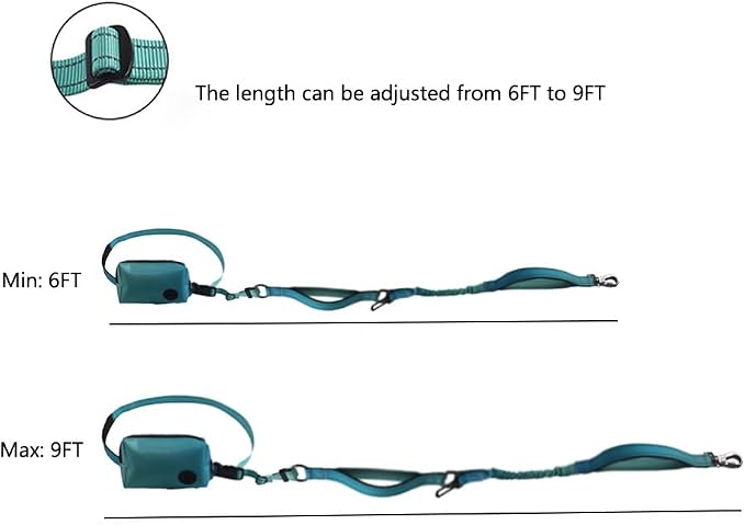 Hands Free Dog Leash for Large Medium Dogs Heavy Duty Bungee Reflective Adjustable Waist Leashes for Walking Running with Zipper Pouch 6-9FT (Green with 6-9FT)