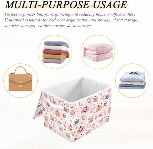 Bolaz Halloween Ghost Pumpkin Pink Storage Bins with Lids and Handles, Storage Box Basket with Cover Collapsible Organizer Containers for Home Closet, Shelves - Image 7
