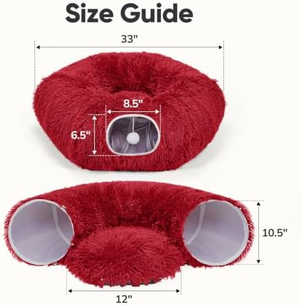 Supet Christmas Cat Tunnel Bed, Plush Tree Skirt with Cushion & Hanging Toy - Image 6