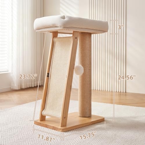 27.5" 3-in-1 Natural Pine Wood Cat Scratching Post for Small Medium Cats - Image 2