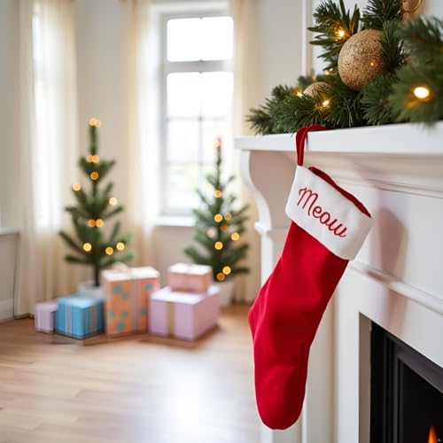 Pearhead Meow Cat Christmas Stocking, Plush Red Pet Holiday Stocking with Sherpa Cuff, Classic Cat Stocking for Treats, Toys, and Pet Gifts - Image 2