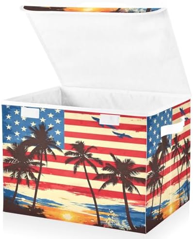 Bolaz American Flag Coconut Tree Storage Bins with Lids and Handles, Storage Box Basket with Cover Collapsible Organizer Containers for Home Closet, Shelves by Unknown