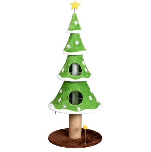 59 Inches Cat Christmas Tree with 2 Houses, Cat Tree Tower for Christmas, Kitty Friendly Christmas Tree with Sisal Scratching Post & Toy Ball, Tower for Indoor Cat – Green & White - Image 7
