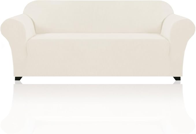 Stretch Sofa Slipcover 1 Piece Sofa Cover for 3 Cushion Couch Furniture Protector/Cover Couch with Elastic Bottom Soft and Durable Sofa Cover Pet Protector (Sofa, Cream)
