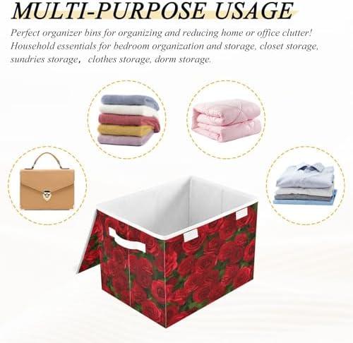 Bolaz Red Rose Leaves Pattern Storage Bins with Lids and Handles, Foldable Storage Box Storage Basket with Cover Collapsible Organizer Containers for Home Closet, Shelves - Image 7