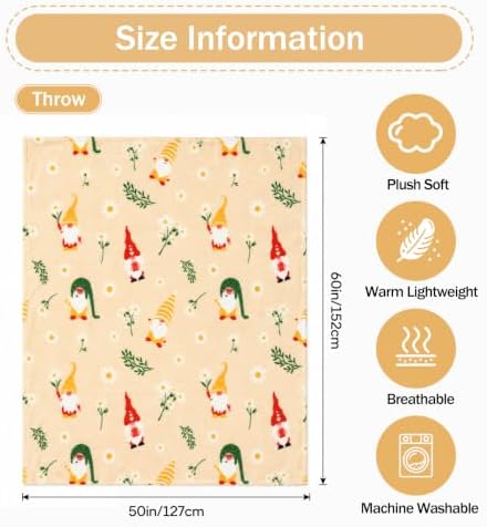 Gnome Spring Fleece Throw Blanket,Yellow Daisy Flannel Blankets,50"x60" - Image 6