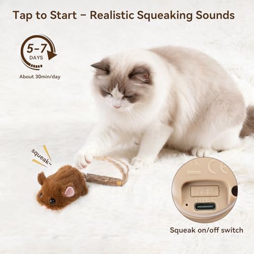 Migipaws Interactive MigiMouse Cat Toy for Chewing Cat, 360° Rolling & Spin with Wiggling Tail for Indoor Cats Smart Motion Sensor, Realistic Squeak, Rechargeable Plush Kitten Toy (Brown) - Image 3