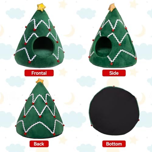 NIBESSER Cat Bed Christmas Tree Cat Tent House Self-Warming 2 in 1 Removable Comfortable Triangle Pet Teepee Xmas Dog Cave in Winter(Green/White) - Image 6
