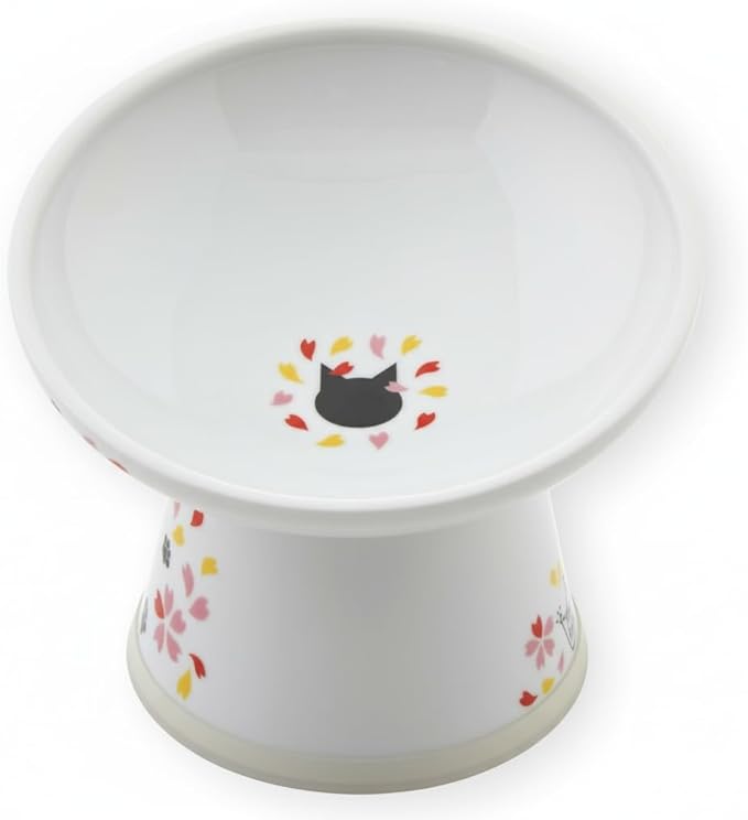 Necoichi Raised Cat Food Bowl, 15° Tilted (Sakura Floral, Extra Wide)