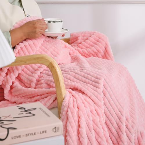 Puncuntex Fleece Throw Blanket Light Pink 50"×60" with Square Grid Design - Image 4