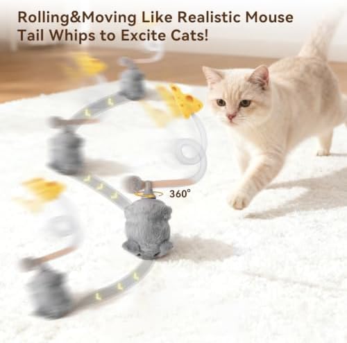 Migipaws Interactive MigiMouse Cat Toy 360° Rolling & Spin with Mesh Plastic Tail for Indoor Cats Smart Motion Sensor, Realistic Squeak, Rechargeable Plush Kitten Toy(Grey) - Image 2