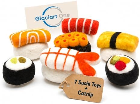 Glaciart One Wool Sushi Cat Toy Set with Catnip, 7 Pcs Cute Felt Cat Toys for Interaction and Boredom Relief, Encourages Exercise, Exploring and Play by GlaciartOne