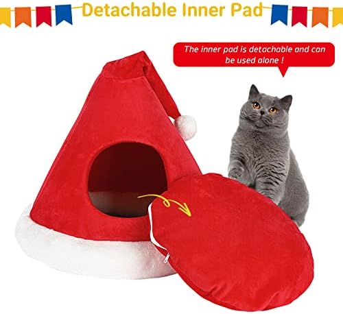 NIBESSER Cat Bed Christmas Hat Cat Tent House Self-Warming 2 in 1 Removable Comfortable Triangle Pet Teepee Xmas Dog Cave in Winter (Red) - Image 6