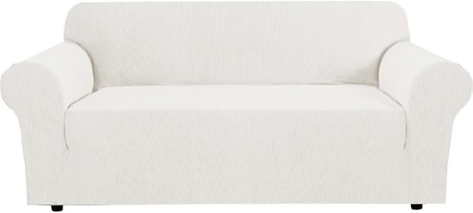 H.VERSAILTEX Stretch Couch Covers for Sofa 1 Piece Slipcovers for Couches and Sofas 3 Seater Couch Cover Feature Thick Checked Jacquard Fabric with Elastic Bottom(Sofa 72"-88" Wide, Porcelain White)