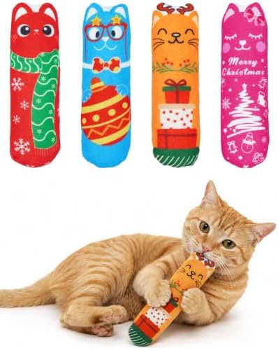 PET SHOW 4 Pack Christmas Cat Kicker Toys with Catnip Crinkle Sound Toys for Indoor Cats Random Assorsted Santa Gift Plush Kittens Shape Natural Interactive Toys Pet Kitty by PETSHOW
