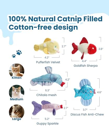 Nocciola Catnip Toys, 5 Pack Cat Toys for Indoor Cats with 100% Natural Catnip, Cotton-Free Kitten Toys in Assorted Colors, Soft Surface, Teething, Chewing & Kicker Floppy Fish Cat Toys - Image 3
