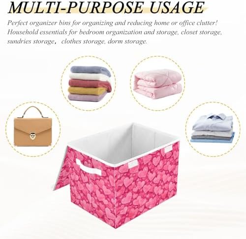 Bolaz Storage Bins with Lids and Handles,Valentines Day Pink Hearts Storage Box Storage Basket with Cover Collapsible Organizer Containers for Home Closet, Shelves - Image 6