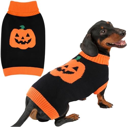 Halloween Dog Sweater Costumes for Small Medium Dogs Adorable Festival Pattern Pumpkin Sweater Turtleneck Knitted Pet Puppy Clothes Soft Warm Cold Weather Dog Halloween Costume Party Outfit by BAOBICUTE