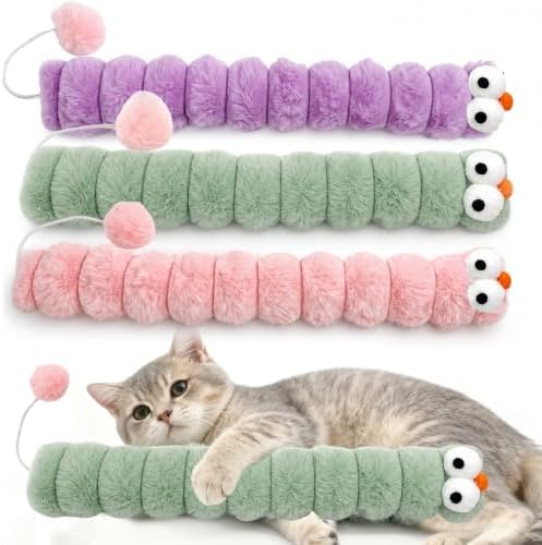 3 Pack Long Cat Kicker Toys with Catnip, 14.5 Inch Plush Caterpillar Cat Toys for Indoor Cats, Interactive Kicker Toys with Rabbit Fur Tail for Biting and Play by KIROYAL