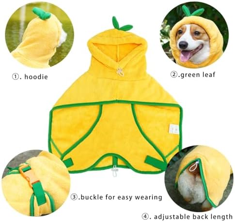 Pet Bathrobe for Dog Cat Absorbently Quick Drying Coat Cute Dogs Bath Towel Hooded Robe Adjustable Collar & Belly Strap for Pool Beach (Yellow, Medium) - Image 3