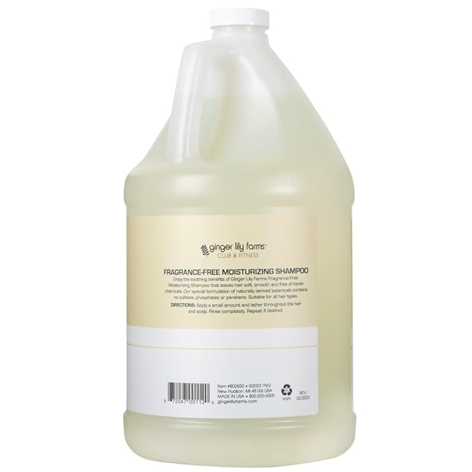 Ginger Lily Farms Club & Fitness Moisturizing Shampoo for All Hair Types, 100% Vegan & Cruelty-Free, Fragrance Free, 1 Gallon (128 fl oz) Refill