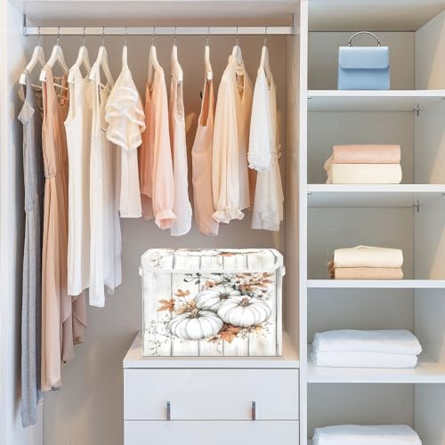 Bolaz Storage Bins with Lids and Handles,White Pumpkin Wood Storage Box Basket with Cover Collapsible Organizer Containers for Home Closet, Shelves - Image 6