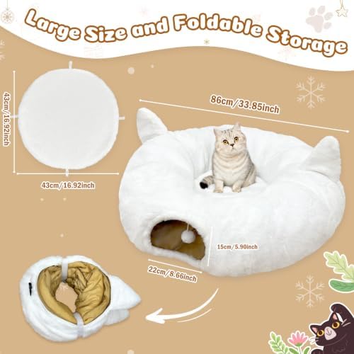 White Plush Cat Tunnel Christmas Tree Skirt, 2-in-1 Cat Donut Tunnel Bed - Image 2