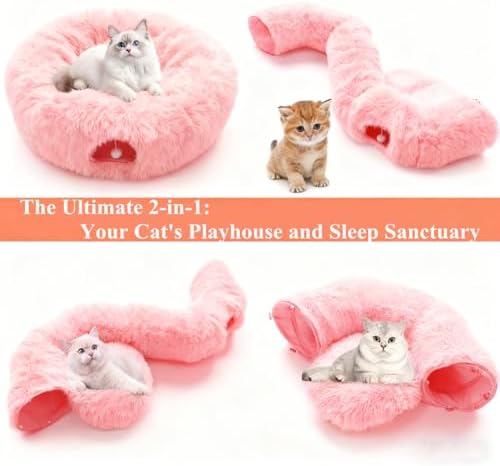 Cat Tunnel Bed Under Christmas, Luxury Donut Cat House Xmas Tree Skirt Tunnel Bed with Washable Cushion, Two-Entry Peekaboo Round Christmas Kitty Donut for Kitten Puppy Rabbit Ferret - Image 4