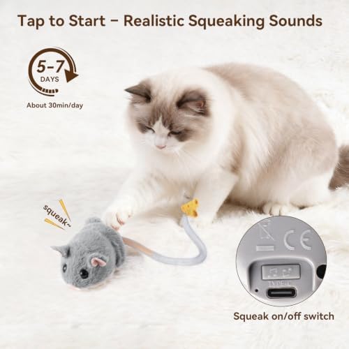 Migipaws Interactive MigiMouse Cat Toy 360° Rolling & Spin with Mesh Plastic Tail for Indoor Cats Smart Motion Sensor, Realistic Squeak, Rechargeable Plush Kitten Toy(Grey) - Image 3