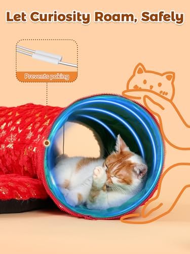 Rywell 3-in-1 Cat Tunnel Christmas Tree Skirt,Soft Plush Tunnel Bed for Indoor Cats Play, Rest & Hide, Foldable Cat Tunnel with Cozy Cushion & Toy Balls, Perfect for Christmas Tree Decor - Image 6