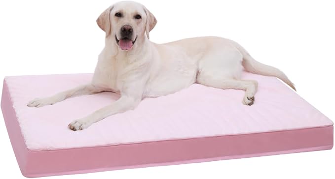 KSIIA Orthopedic Dog Bed for Large Dogs with Waterproof Lining, Pink, 35x22 | Deluxe Soft Plush Dog Crate Bed, Washable Pet Mat with Removable Cover & Egg Crate Foam for Large Dogs Sleeping & Relaxing