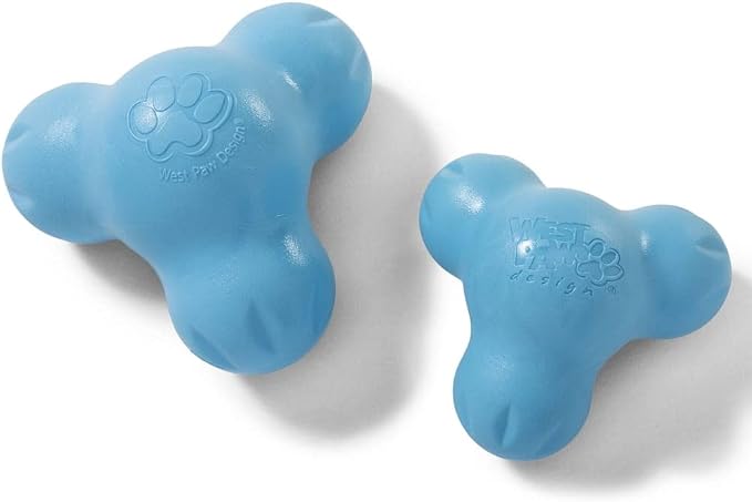 WEST PAW Zogoflex Tux Treat Dispensing Dog Chew Toy – Interactive Chewing Toy for Dogs – Dog Games for Aggressive Chewers, Fetch, Catch – Holds Kibble, Treats, Small 4", Aqua Blue