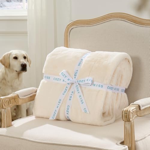 COZY KISS Soft Luxury Faux Fur Throw Blanket for Couch, 50x60 inch Cream - Image 5
