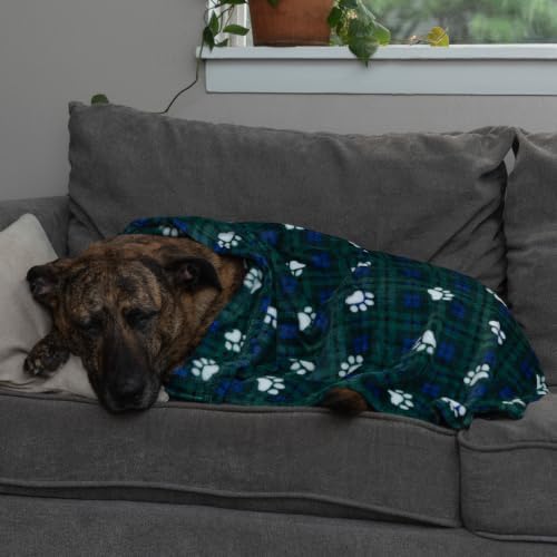 Pet Throw Blanket Ultra Soft Fleece Durable for Crates Beds Sofas Travel (Navy & Green Classic Paw Plaid, Medium) - Image 2